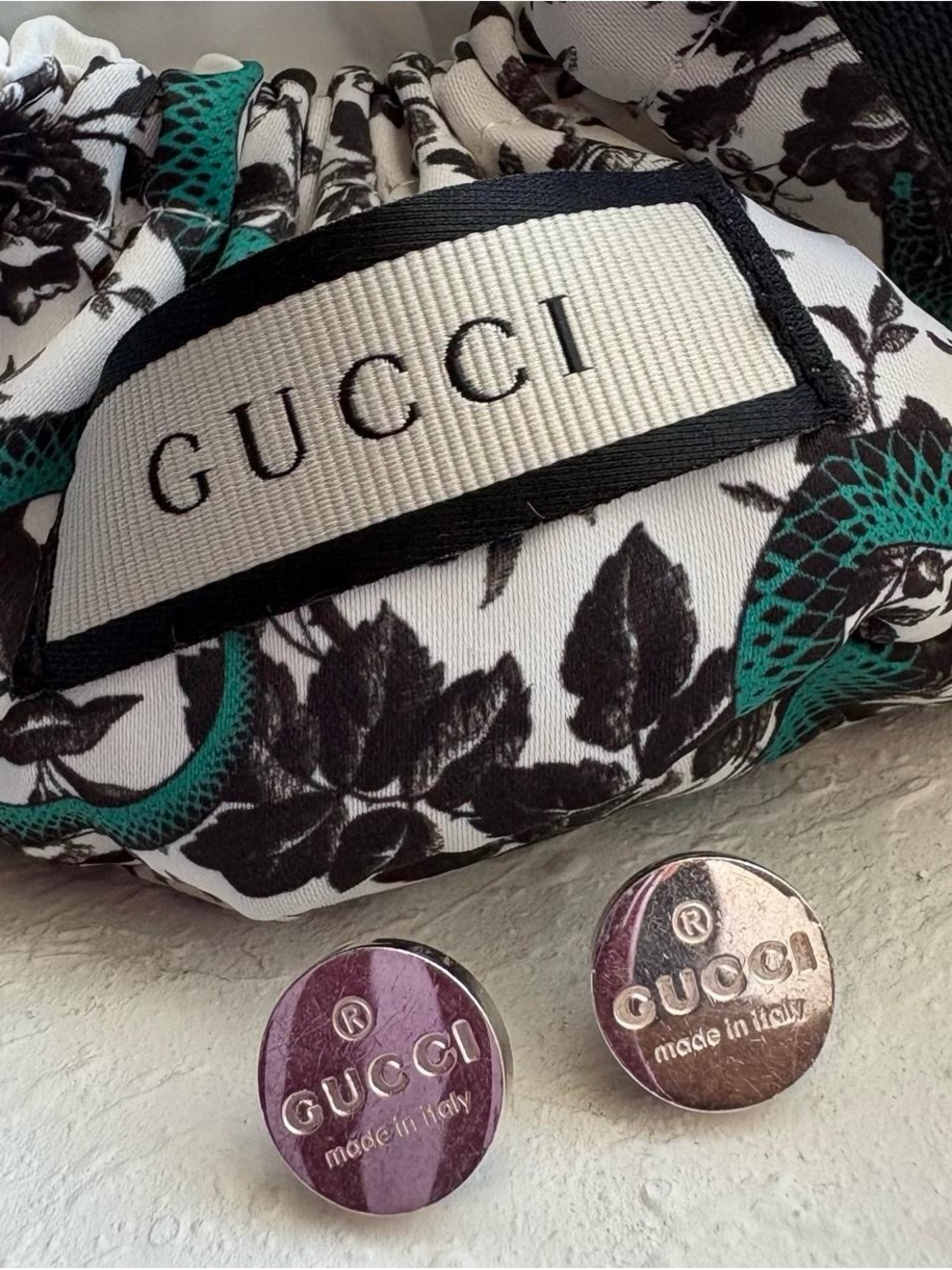 Gucci Black & White Floral Scrunchie with Teal Snake Detail
